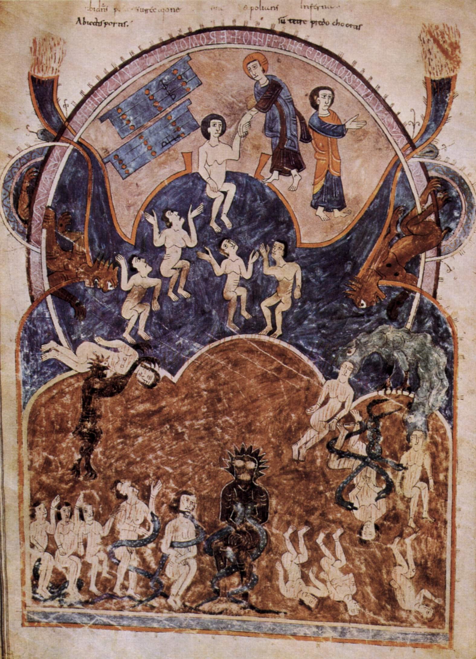 Medieval painting in deep blue and brown: at the top, robed figures lead naked souls upward; below, a black bristling devil sits in a brown underworld among people bound by snakes.